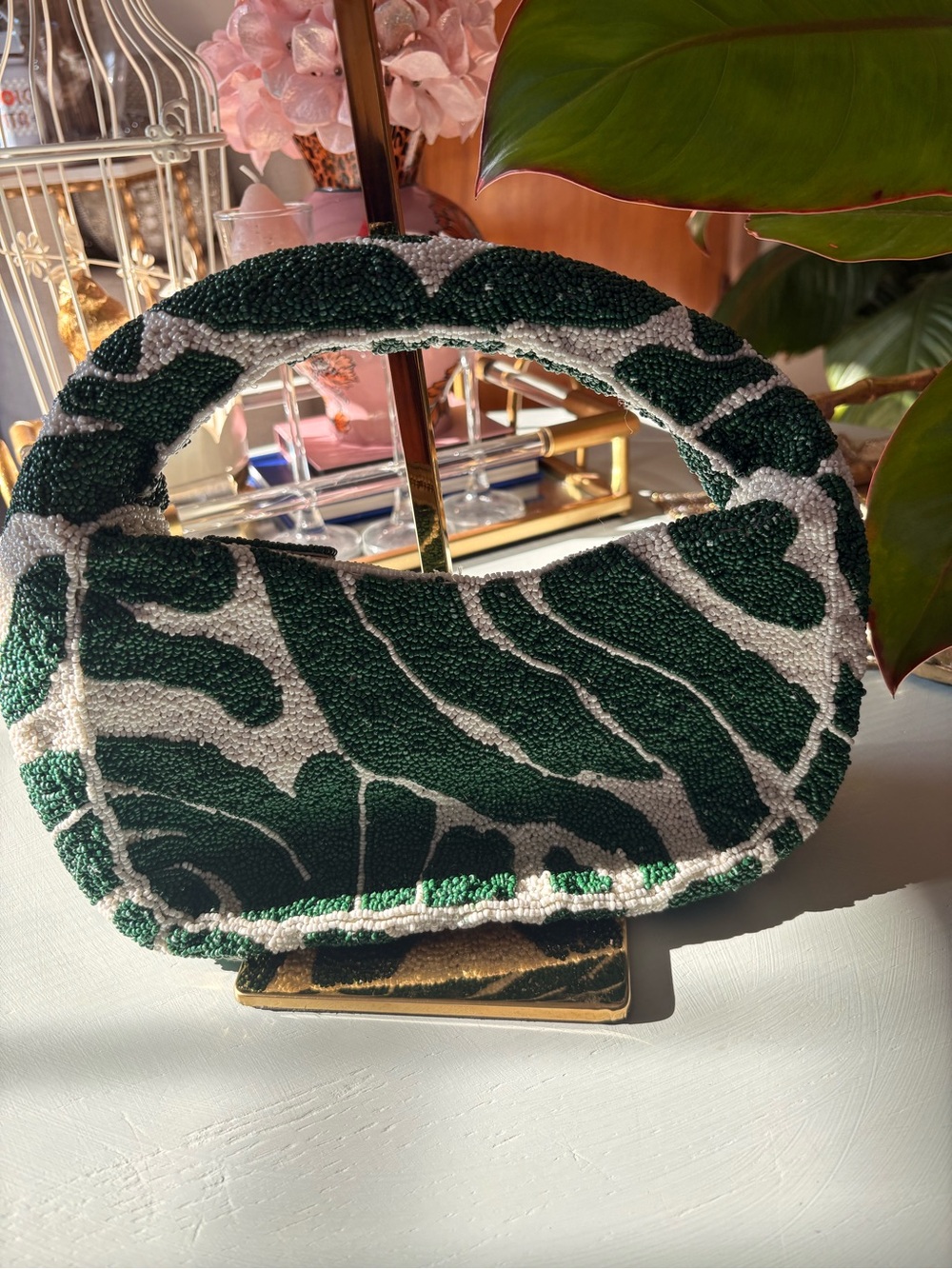 Anthropologie Fiona Green and White Beaded Oval Handle Bag